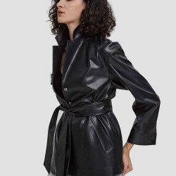 Faux Leather Tie-waist Blazer