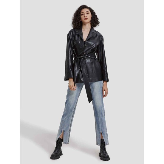 Faux Leather Tie-waist Blazer Faux Leather Tie-waist Blazer
