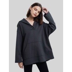 Cotton V-neck Boxy Hooded Sweatshirt