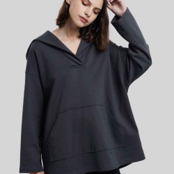 Cotton V-neck Boxy Hooded Sweatshirt