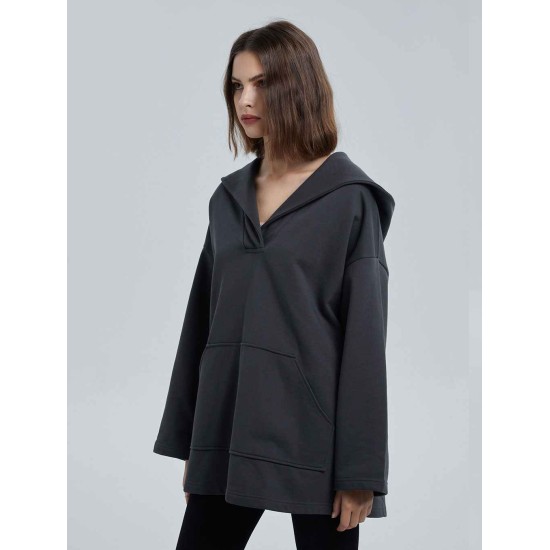Cotton V-neck Boxy Hooded Sweatshirt Cotton V-neck Boxy Hooded Sweatshirt