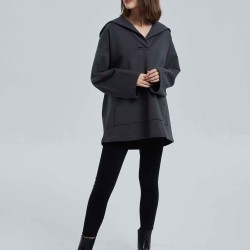 Cotton V-neck Boxy Hooded Sweatshirt