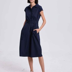 Buttoned-Waist-Belt Shirt Dress