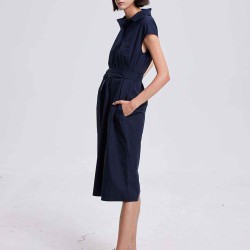 Buttoned-Waist-Belt Shirt Dress