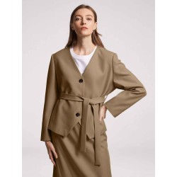 V Neck Collarless Belted Blazer