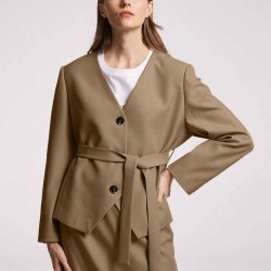 V Neck Collarless Belted Blazer