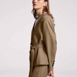 V Neck Collarless Belted Blazer