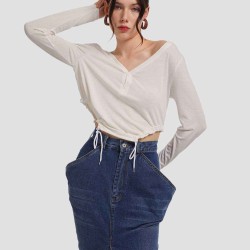 Buttoned V-line Long Sleeve Shirt