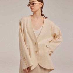 Oversized Cotton Blend Blazer with Buttoned Cuffs