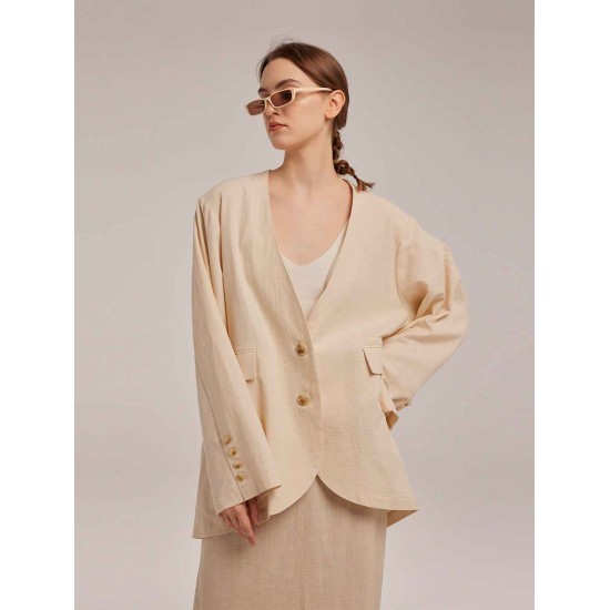 Oversized Cotton Blend Blazer with Buttoned Cuffs Oversized Cotton Blend Blazer with Buttoned Cuffs