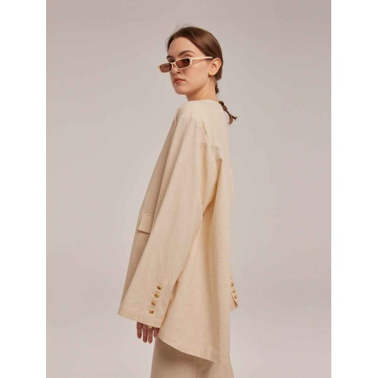 Oversized Cotton Blend Blazer with Buttoned Cuffs Oversized Cotton Blend Blazer with Buttoned Cuffs