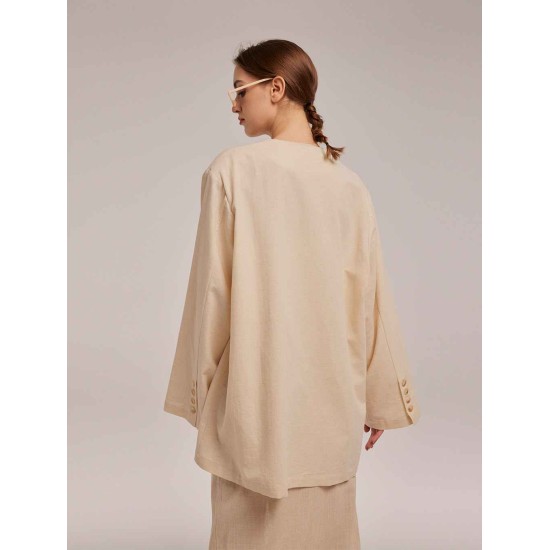 Oversized Cotton Blend Blazer with Buttoned Cuffs Oversized Cotton Blend Blazer with Buttoned Cuffs