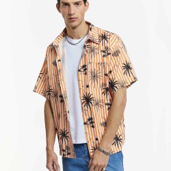 Coconut Tree Print Striped Shirt