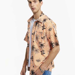 Coconut Tree Print Striped Shirt