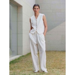 Button Front Linen Blend Vest & Pants Set