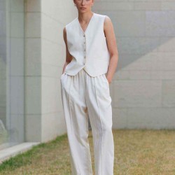 Button Front Linen Blend Vest & Pants Set