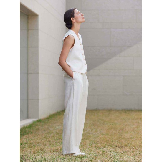 Button Front Linen Blend Vest & Pants Set Button Front Linen Blend Vest & Pants Set