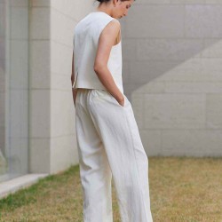 Button Front Linen Blend Vest & Pants Set