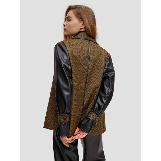 Tie-Waist Stitched Faux Leather Blazer Tie-Waist Stitched Faux Leather Blazer